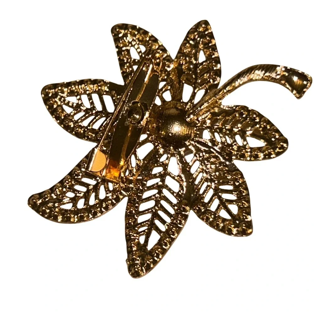 Gold Tone Leaf Brooch Faux Pearl Rhinestone‎ Filigree Floral Pin Vintage Style